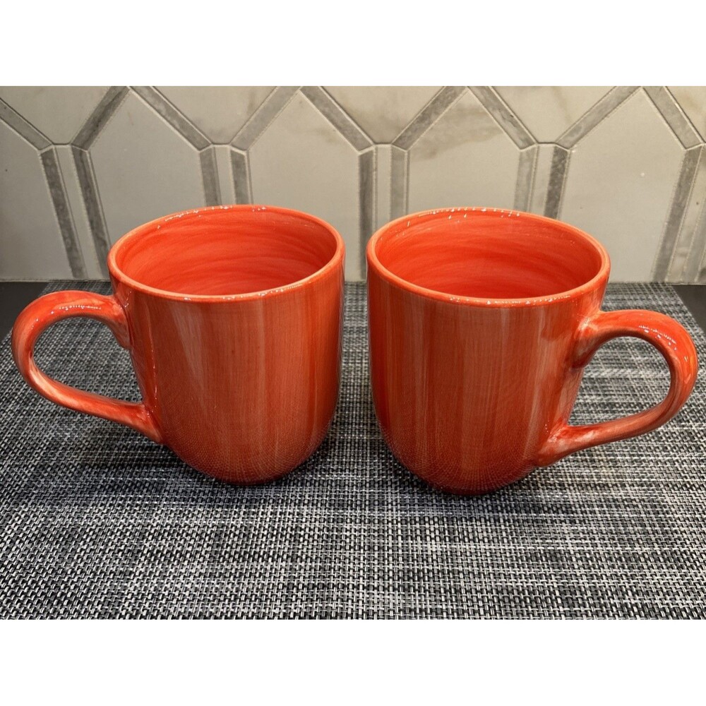 Citrus Grove Mug Cup Hand Painted Orange Ceramic Swirl Set of Two (2)